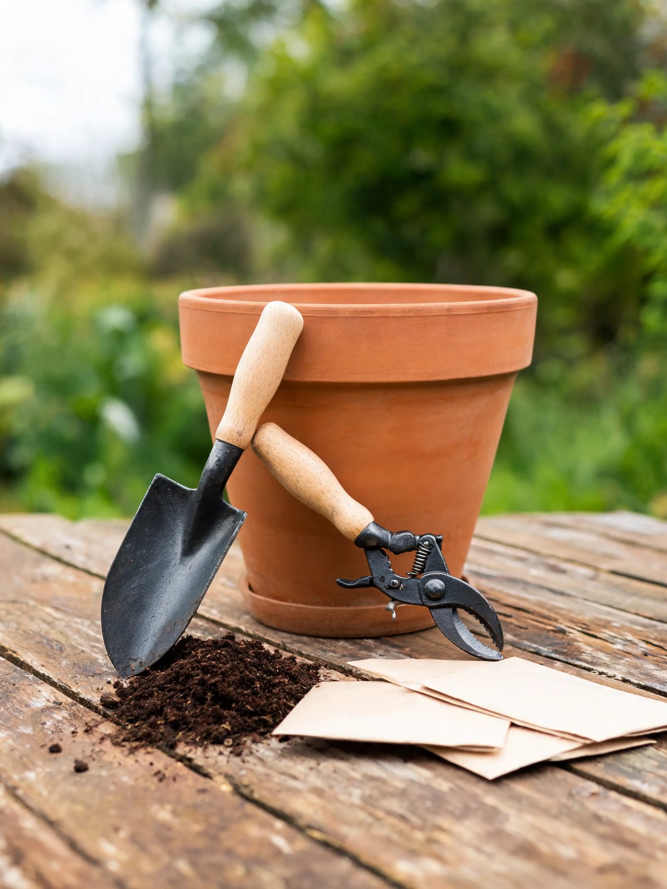Forged trowel and secateurs on a terracotta pot beside scattered soil and seed packets